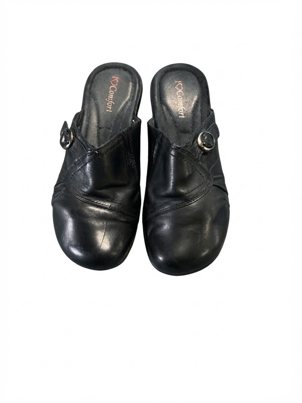 Black Leather Slip-On Clogs with Buckle